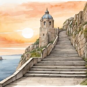 ai generated, stairs, sunset, upwards, rise, success, up, top, nature, mountain, hill