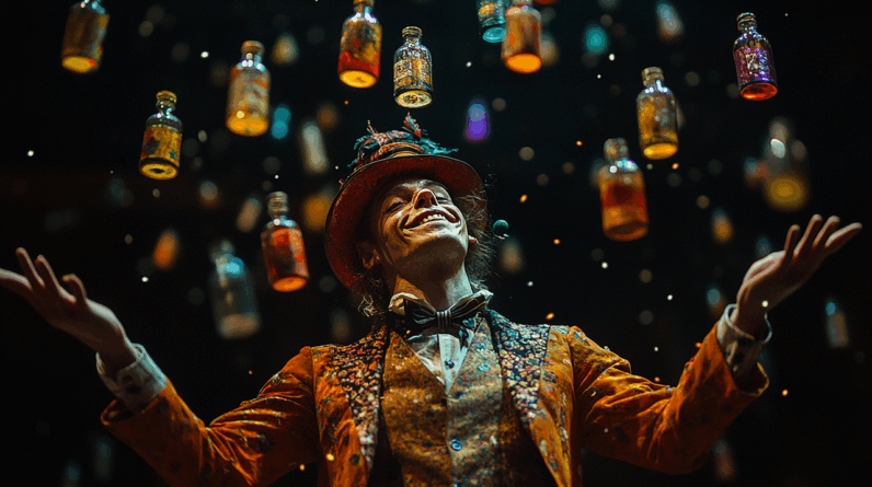 juggler, bottles, performer, circus, happy, skillful, fantasy, juggling, ai generated