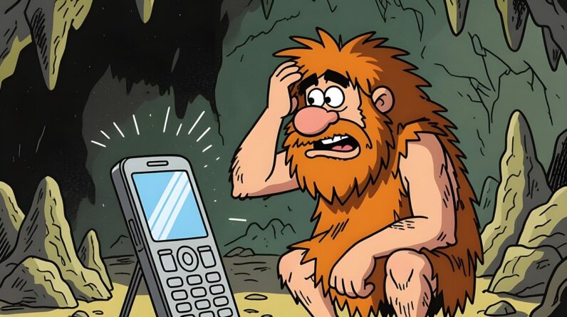 caveman, man, primitive, prehistoric, neanderthal, male, person, cell phone, smartphone, telephone, cellphone, technology, mobile, communication, cartoon, funny, confusion, confused, uncertainty, comic, ai generated, copy space, greeting card